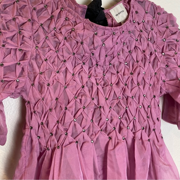NWT Anthropologie Maeve Rhinestone Smock Sheer Babydoll Bow Top Pink Size XS - Picture 6 of 14